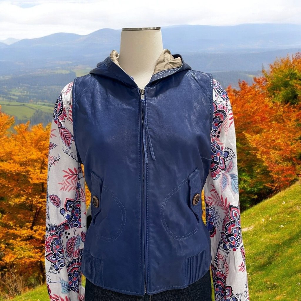 Blue Leather Hooded Vest Boho Moto Streetwear Jacket Y2k Indiecore Fall Medium